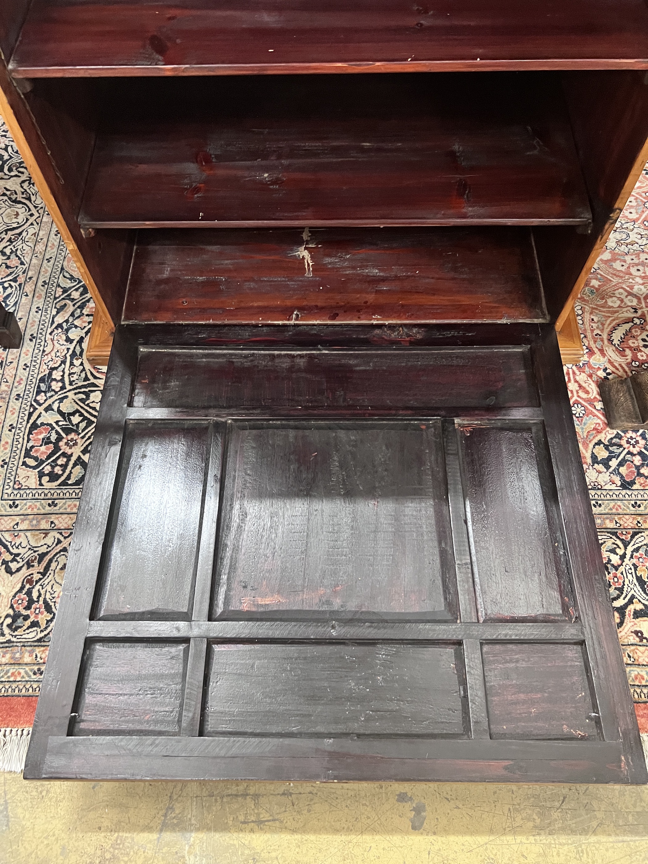 A Chinese brass mounted gilt painted pine fall front cabinet, width 80cm, depth 53cm, height 94cm